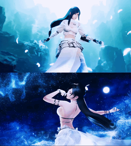A Woman In A White Dress Is Dancing In A Blue Background GIF