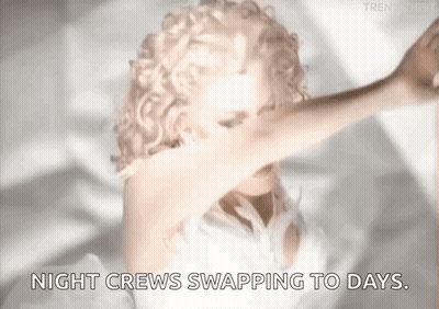 A Woman In A White Dress Is Dancing With The Words Night Crews Swapping To Days Written Below Her . GIF