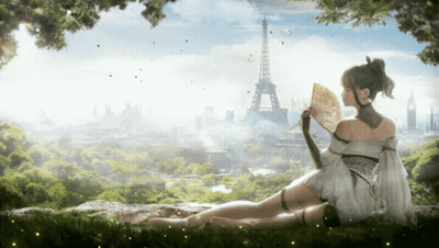 A Woman In A White Dress Is Holding A Fan And Looking At The Eiffel Tower GIF