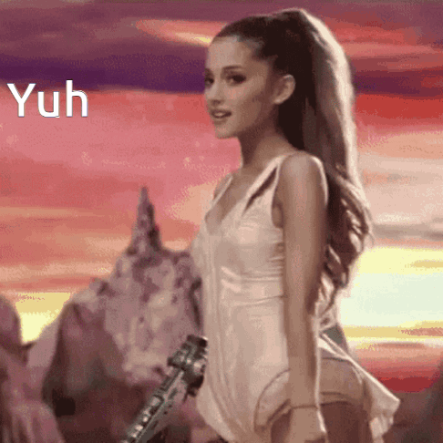A Woman In A White Dress Is Holding A Guitar In Front Of A Sunset With The Word Yuh Above Her GIF
