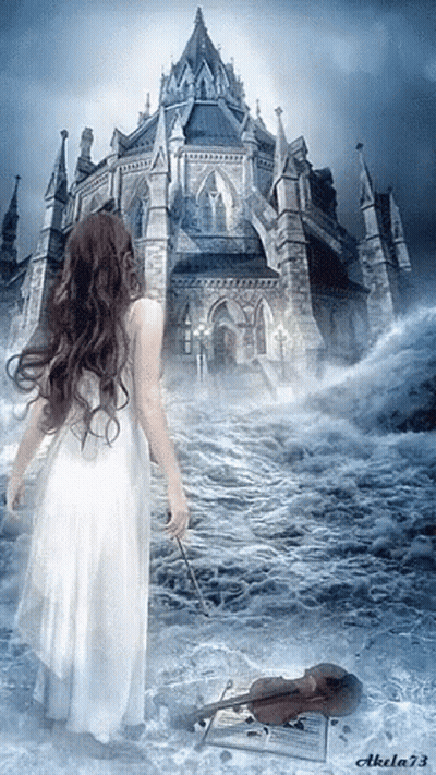 A Woman In A White Dress Is Holding A Violin In Front Of A Large Building GIF