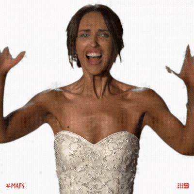 A Woman In A White Dress Is Screaming With # Mafs In Red GIF