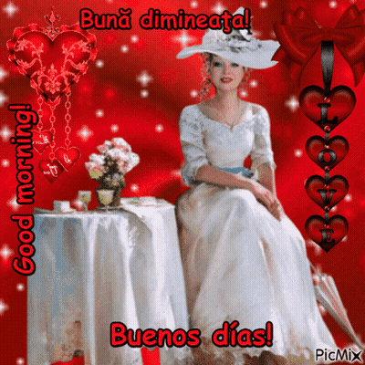 A Woman In A White Dress Is Sitting At A Table With The Words Buenos Dias In Red GIF