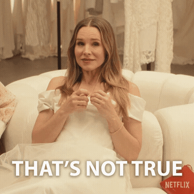 A Woman In A White Dress Is Sitting On A White Couch With The Words That 'S Not True Netflix On The Bottom GIF