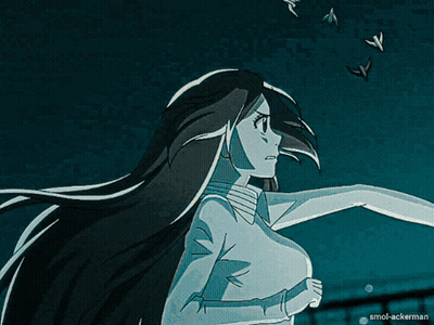 A Woman In A White Dress Is Standing In Front Of A Circle Of Light With Smol-Ackerman Written On The Bottom Right GIF