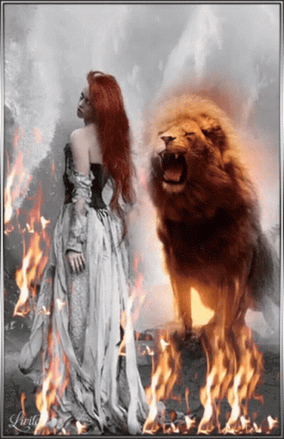 A Woman In A White Dress Is Standing In Front Of A Lion In A Field Of Fire GIF