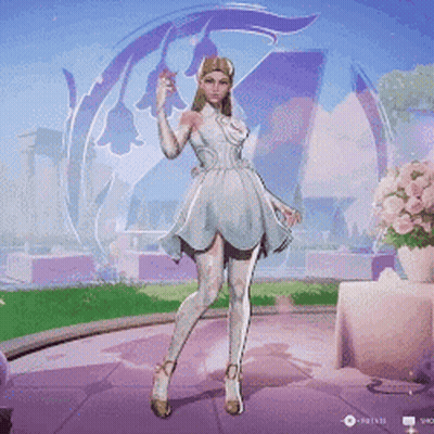 A Woman In A White Dress Is Standing In Front Of A Purple Background . GIF