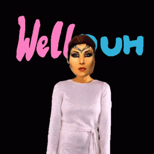 A Woman In A White Dress Is Standing In Front Of The Words Well Duh GIF