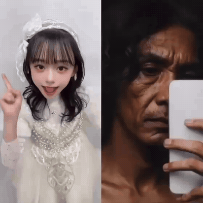 A Woman In A White Dress Is Taking A Selfie Next To A Man With A Beard . GIF