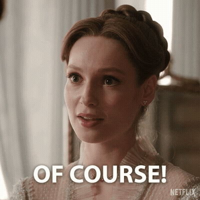 A Woman In A White Dress Says " Of Course " In Front Of Her GIF