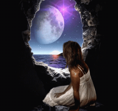 A Woman In A White Dress Sits In A Cave Looking At A Full Moon Over The Ocean GIF