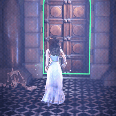 A Woman In A White Dress Standing In Front Of A Door GIF