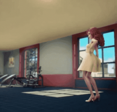 A Woman In A White Dress Stands In A Gym GIF