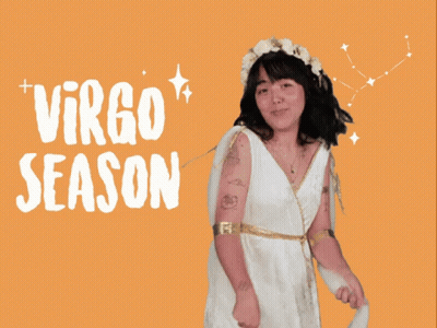 A Woman In A White Dress Stands In Front Of An Orange Background With Virgo Season Written On It GIF
