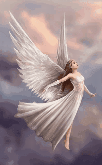 A Woman In A White Dress With Angel Wings Is Flying Through The Air GIF
