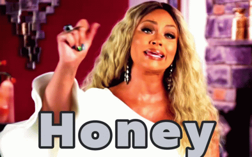 A Woman In A White Dress With The Word Honey On The Bottom Right GIF