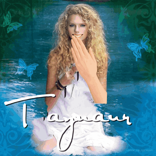 A Woman In A White Dress With The Word Taynan Written On The Bottom GIF