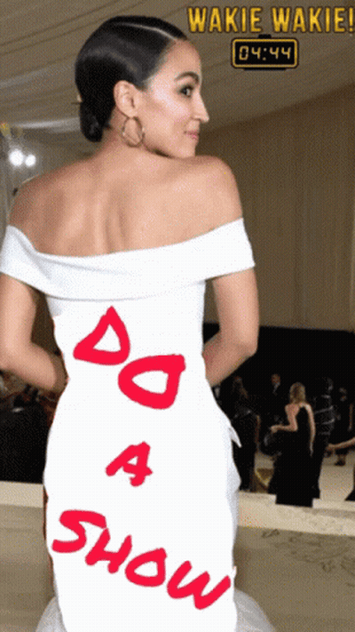 A Woman In A White Dress With The Words Do A Show Written On The Back GIF