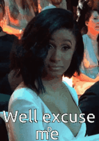 A Woman In A White Dress With The Words Well Excuse Me On The Bottom GIF