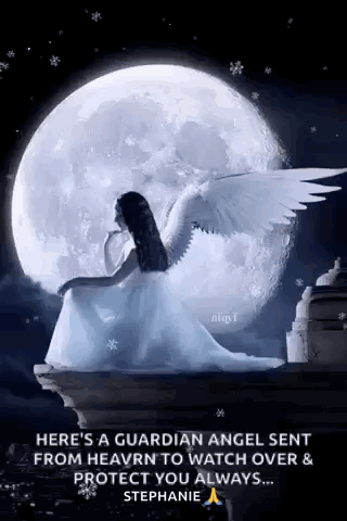 A Woman In A White Dress With Wings Is Sitting On A Ledge In Front Of A Full Moon . GIF