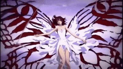 A Woman In A White Dress With Wings Is Surrounded By Red And Black Wings GIF