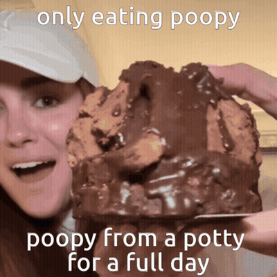 A Woman In A White Hat Is Holding A Chocolate Cake With A Caption That Says Only Eating Poopy Poopy From A Potty GIF