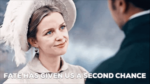 A Woman In A White Hat Is Smiling At A Man With The Words Fate Has Given Us A Second Chance Above Her . GIF