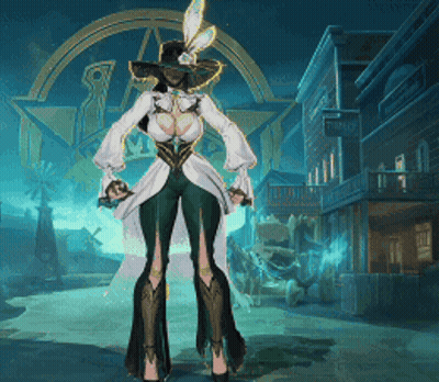 A Woman In A White Hat Is Standing In Front Of A Building That Says ' Tavern ' GIF