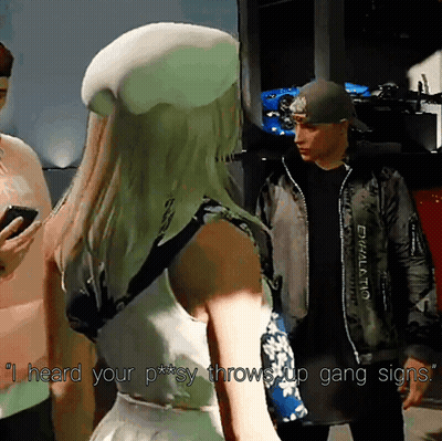 A Woman In A White Hat Says " I Heard Your P ** Sy Throws Up Gang Signs " GIF