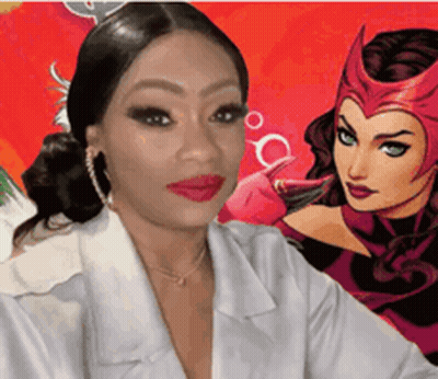A Woman In A White Jacket Is Standing In Front Of A Cartoon Character GIF