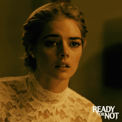 A Woman In A White Lace Top With The Words Ready Or Not On The Bottom GIF