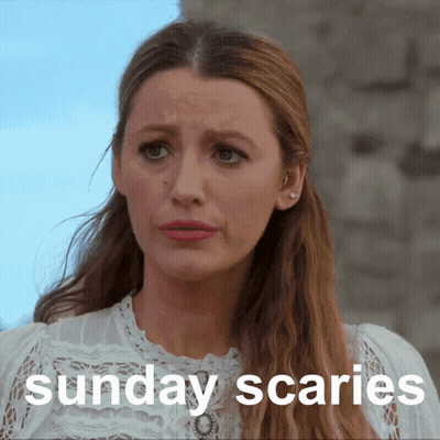 A Woman In A White Lace Top With The Words Sunday Scaries Written Below Her GIF