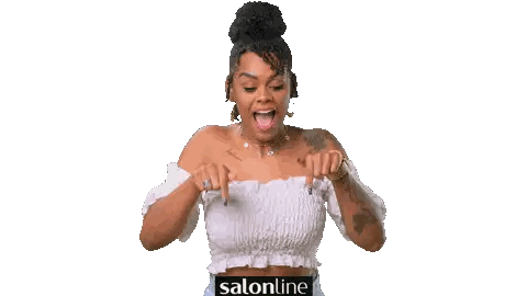 A Woman In A White Off The Shoulder Top With Salonline Written On The Bottom Of Her Shirt Sticker