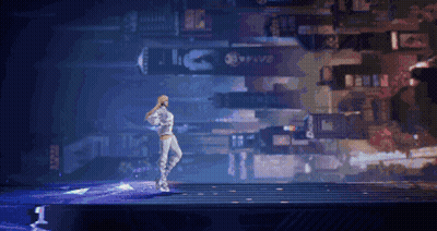 A Woman In A White Outfit Is Standing On A Stage In Front Of A Sign That Says ' Oplus ' GIF