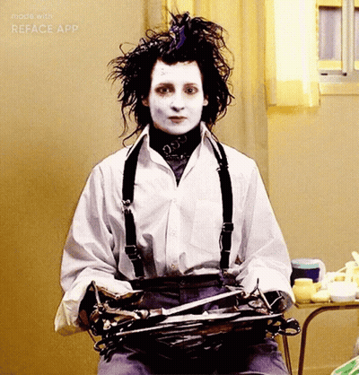 A Woman In A White Shirt And Suspenders Is Holding A Pair Of Scissors Made By Reface App GIF