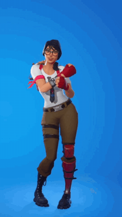 A Woman In A White Shirt And Tie Is Standing On One Leg With Her Fist In The Air GIF