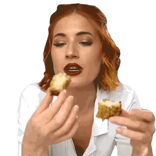 A Woman In A White Shirt Is Eating A Piece Of Food Sticker