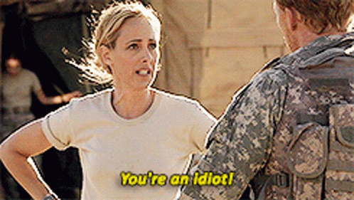 A Woman In A White Shirt Is Talking To A Man In A Camouflage Uniform Who Is Saying You 'Re An Idiot GIF
