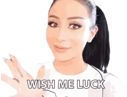 A Woman In A White Shirt With The Words Wish Me Luck On It Sticker