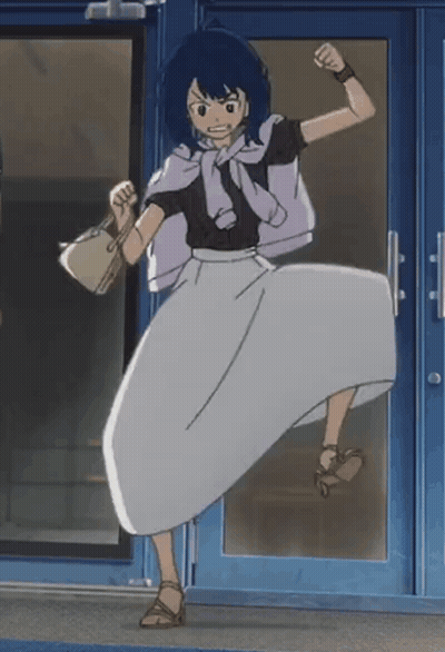 A Woman In A White Skirt Is Standing In Front Of A Door With Her Fist In The Air GIF