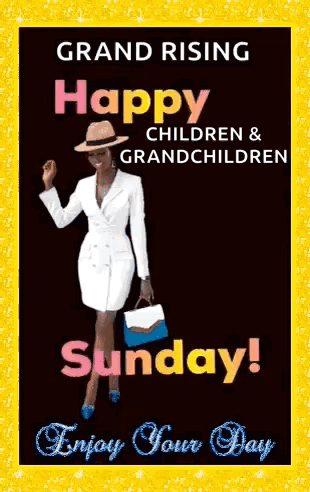 A Woman In A White Suit And Hat Is Holding A Purse On A Sunday Greeting Card . GIF