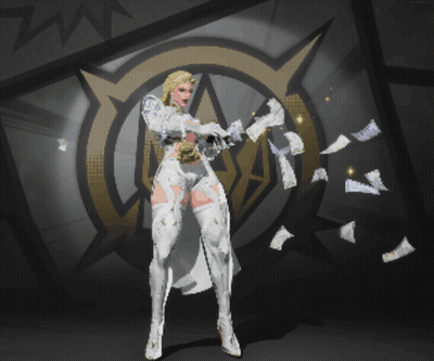 A Woman In A White Suit Is Standing In Front Of A Shield GIF