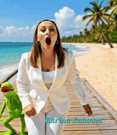 A Woman In A White Suit Yawning Next To A Green Kermit The Frog With The Name Karina Kaboom On The Bottom GIF