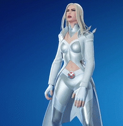 A Woman In A White Superhero Outfit Is Standing In Front Of A Blue Background GIF