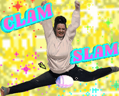 A Woman In A White Sweater Is Jumping In The Air With The Words Clam Slam Behind Her GIF