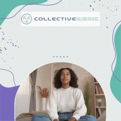 A Woman In A White Sweater Sits On A Couch With A Collectiverising Logo Above Her GIF