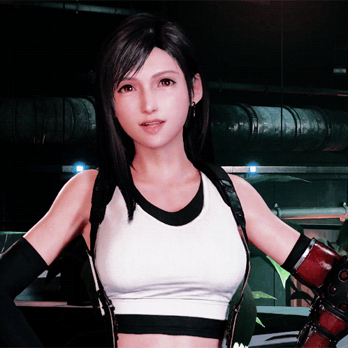 A Woman In A White Tank Top And Black Gloves Is Standing In A Dark Room GIF