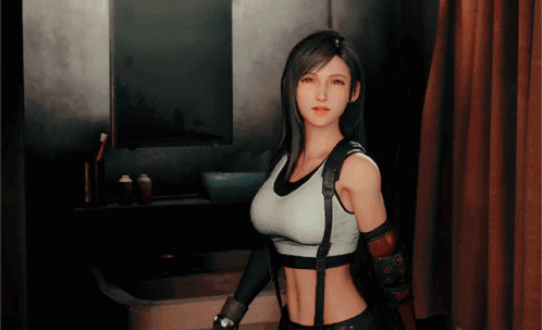A Woman In A White Tank Top Stands In Front Of A Mirror GIF