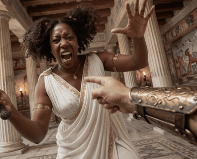 A Woman In A White Toga Is Screaming And Pointing At A Man GIF