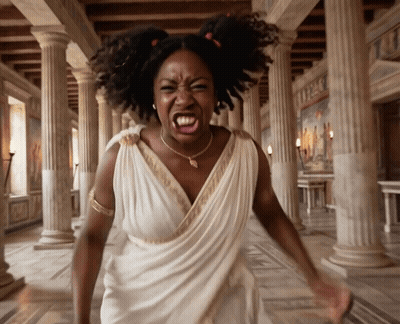 A Woman In A White Toga Is Screaming In A Hallway GIF